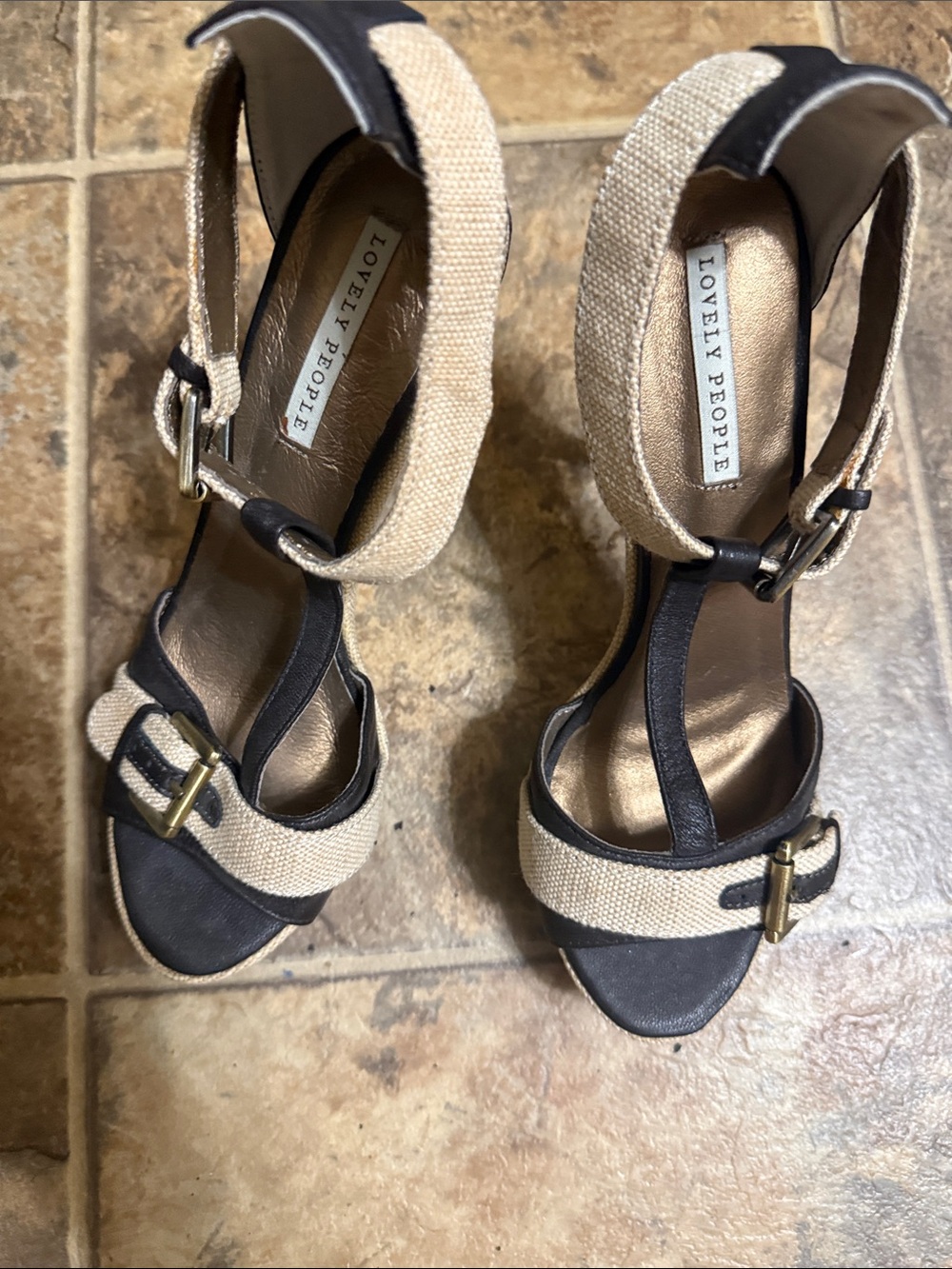 Lovely People Black & Neutral woven T-strap platform stiletto heels gold buckle